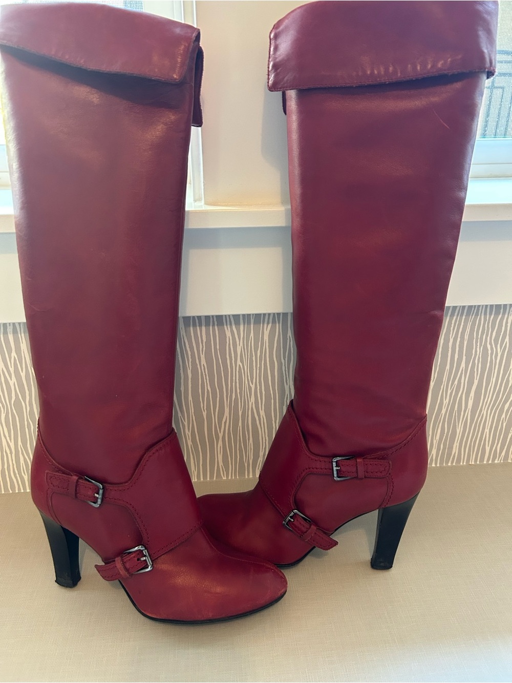 Sergio Rossi Wine Red Over-the-Knee Buckle Heeled Boots